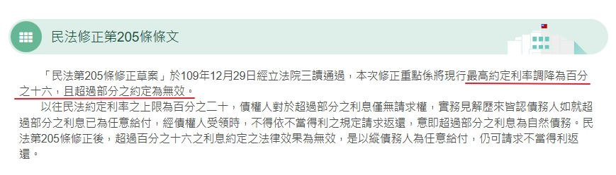 根據《民法》規定,約定利率上限為年息 16%,超過的利率是可以拒絕還款的
