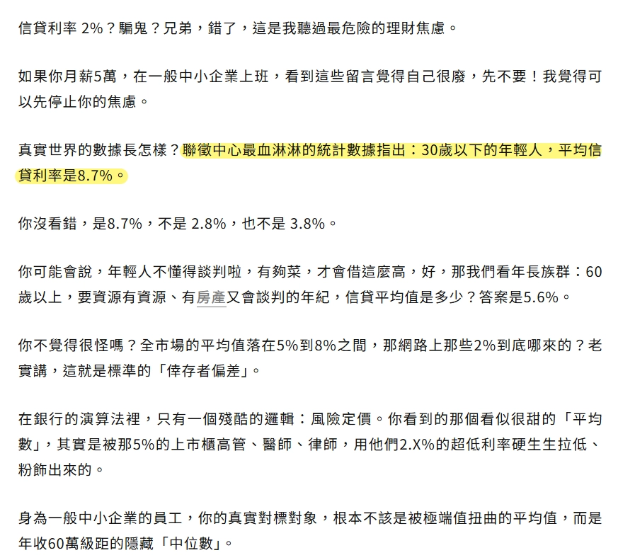 udn房產報導引用聯徵中心統計,30歲以下年輕人平均信貸利率為8.7%